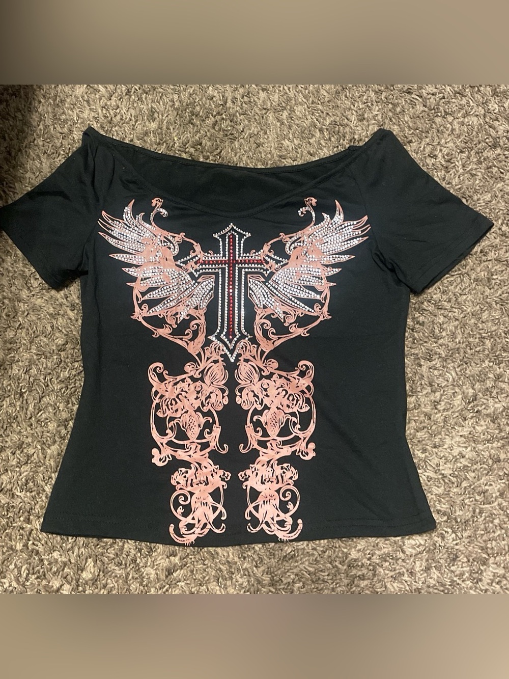 ROMWE Black Short-Sleeve Tee with Pink Winged Cross Graphic
